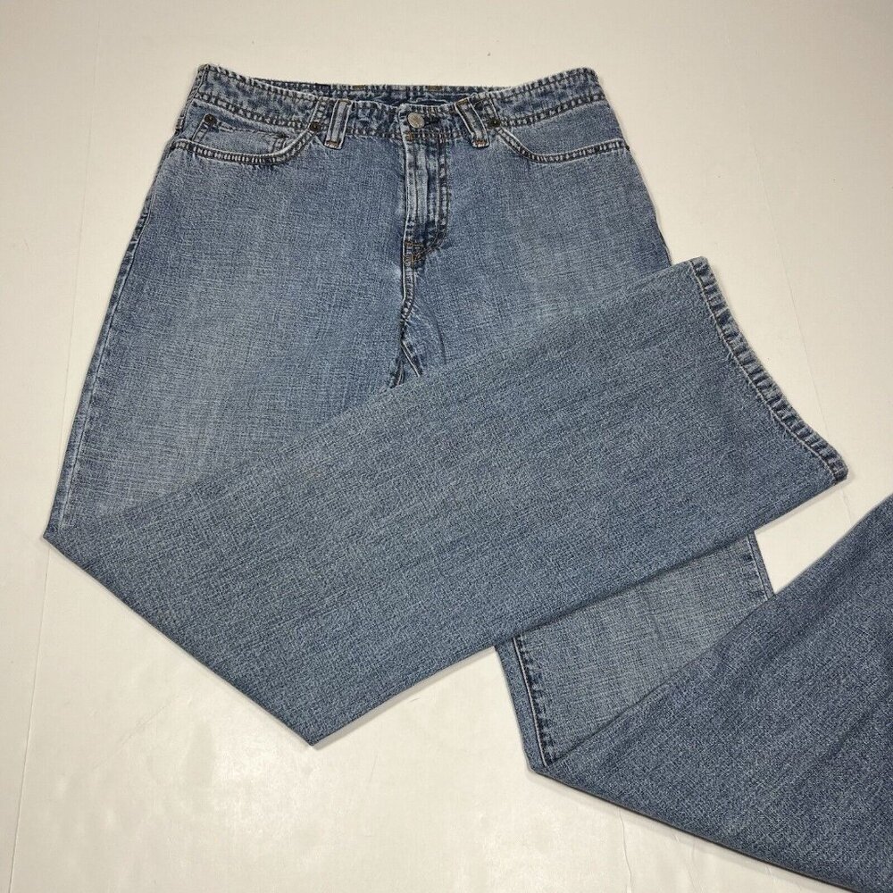 Vintage Lucky Brand Dungarees 17V Mid Rise Rancher Flare Long Blue Jeans Sz 8/29